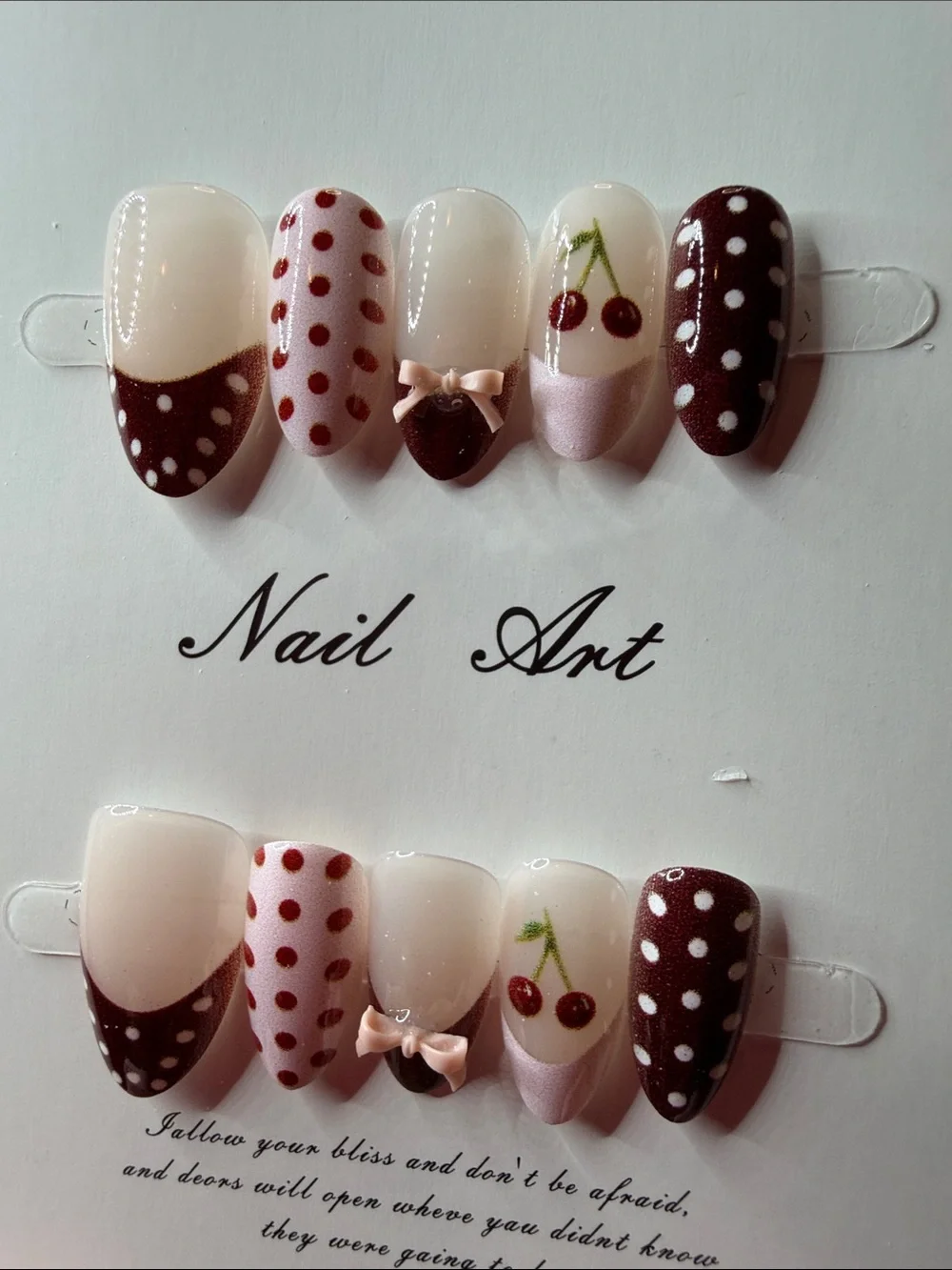 Nail Art Set - Cherry Polka Dot Design in Burgundy and White